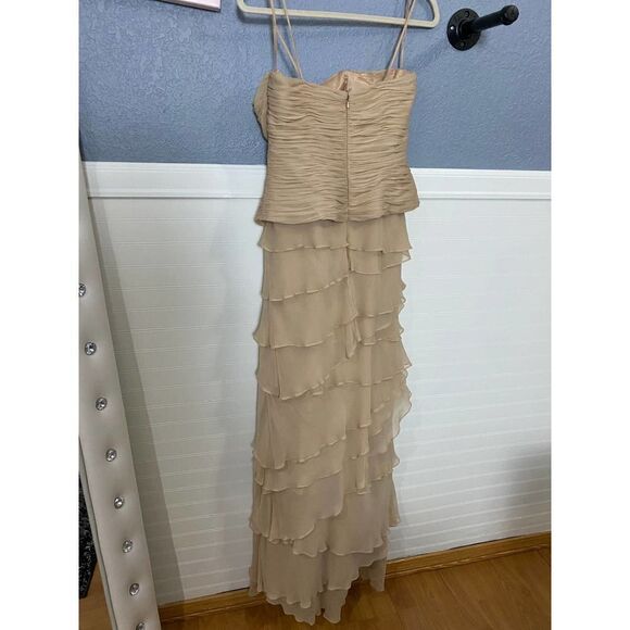 Jovani Vintage Nude Strapless Gown Ruched Bodice and Ruffle - Picture 14 of 15